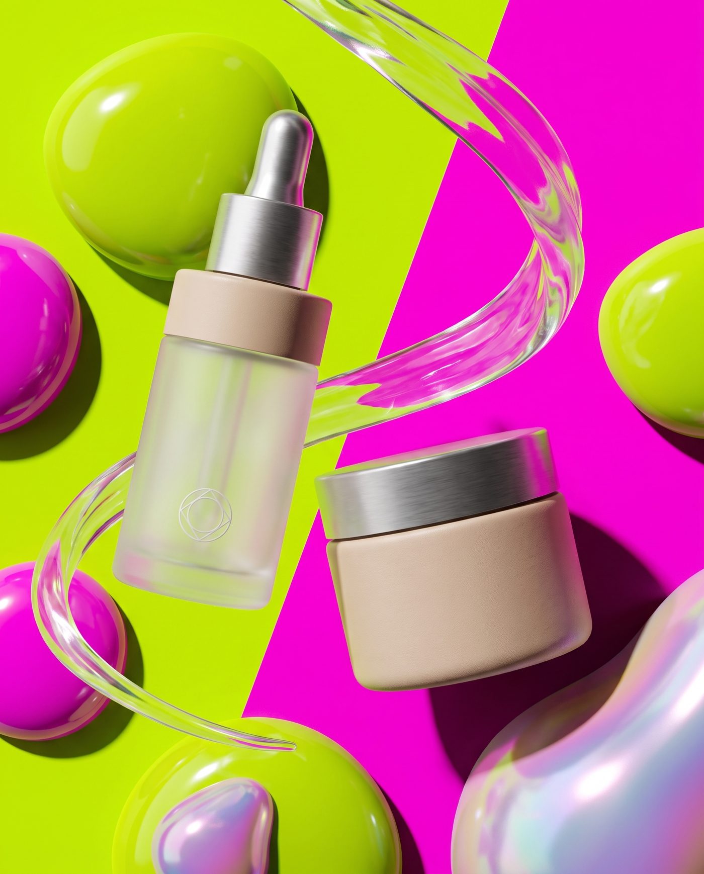 Skincare serum bottle and cream jar on an acid lime and magenta colour-blocked set with glossy props
