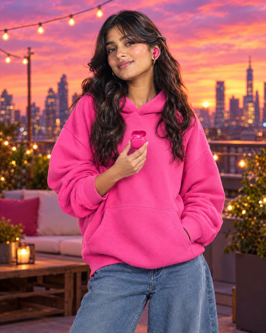 Model in a hot pink hoodie with matching pink earbuds on a rooftop at sunset